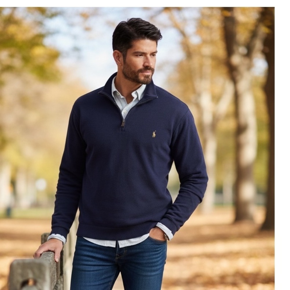 Polo Ralph Lauren Mens Navy Estate Rib 100% Cotton Quarter Zip Pullover L
